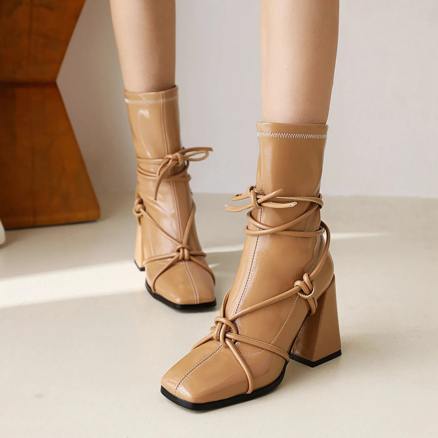 Lace Up Thick High Heel Square Head  Ankle Boots