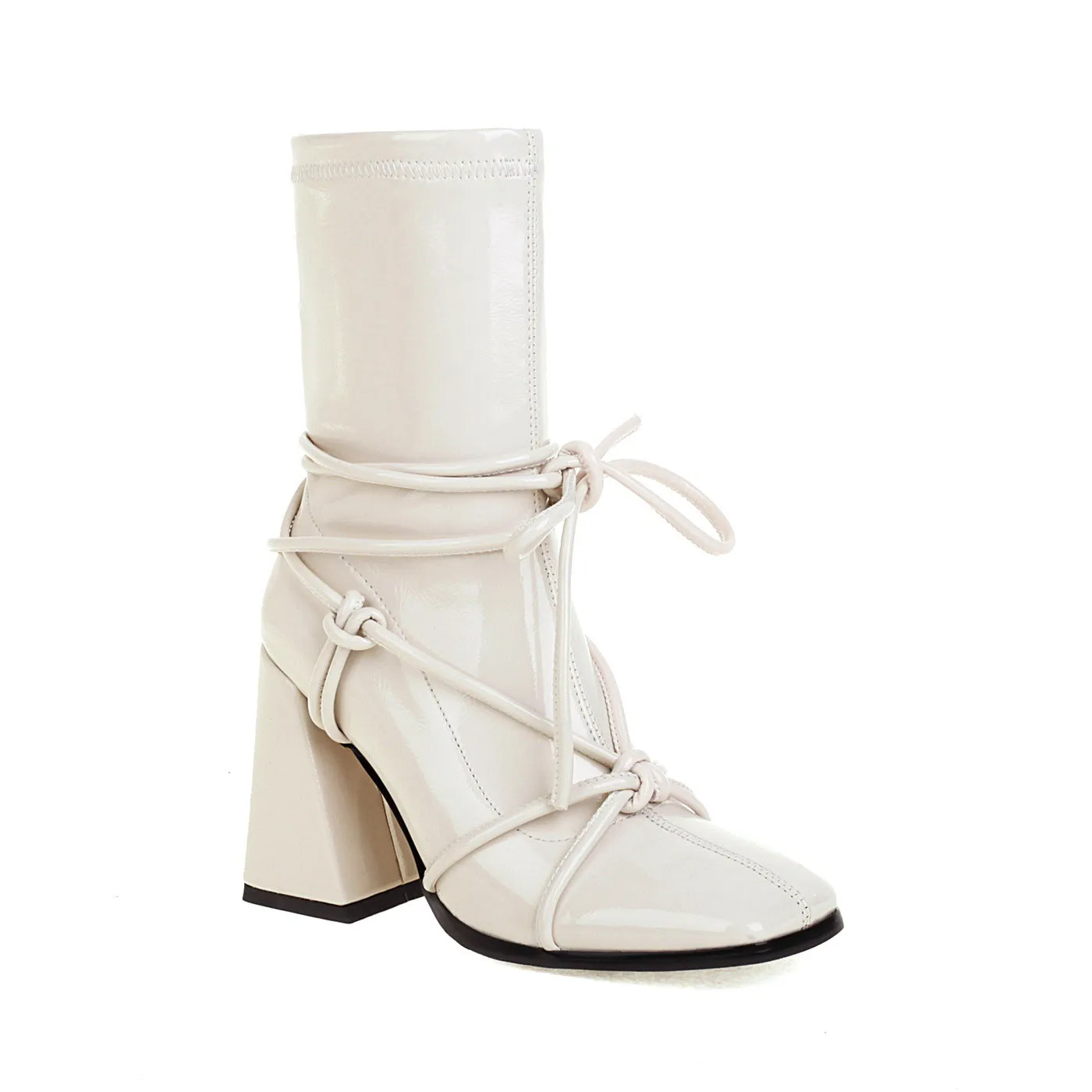 Lace Up Thick High Heel Square Head  Ankle Boots