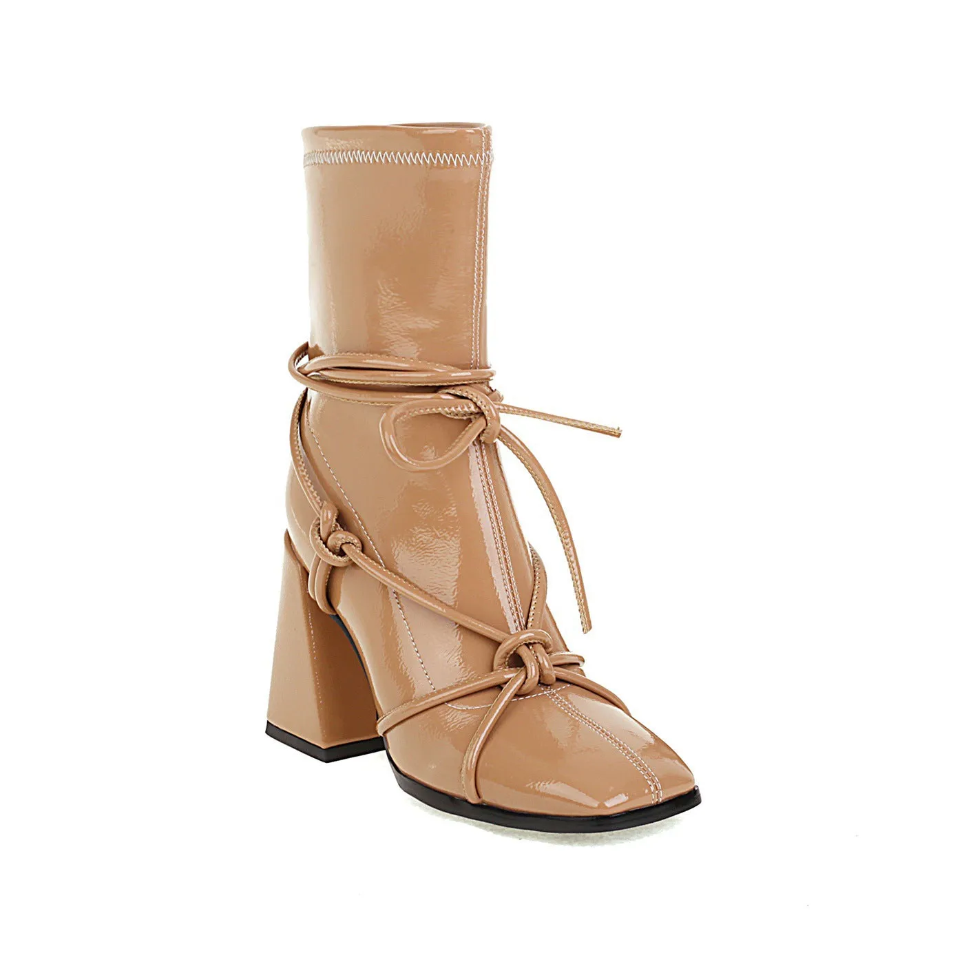 Lace Up Thick High Heel Square Head  Ankle Boots