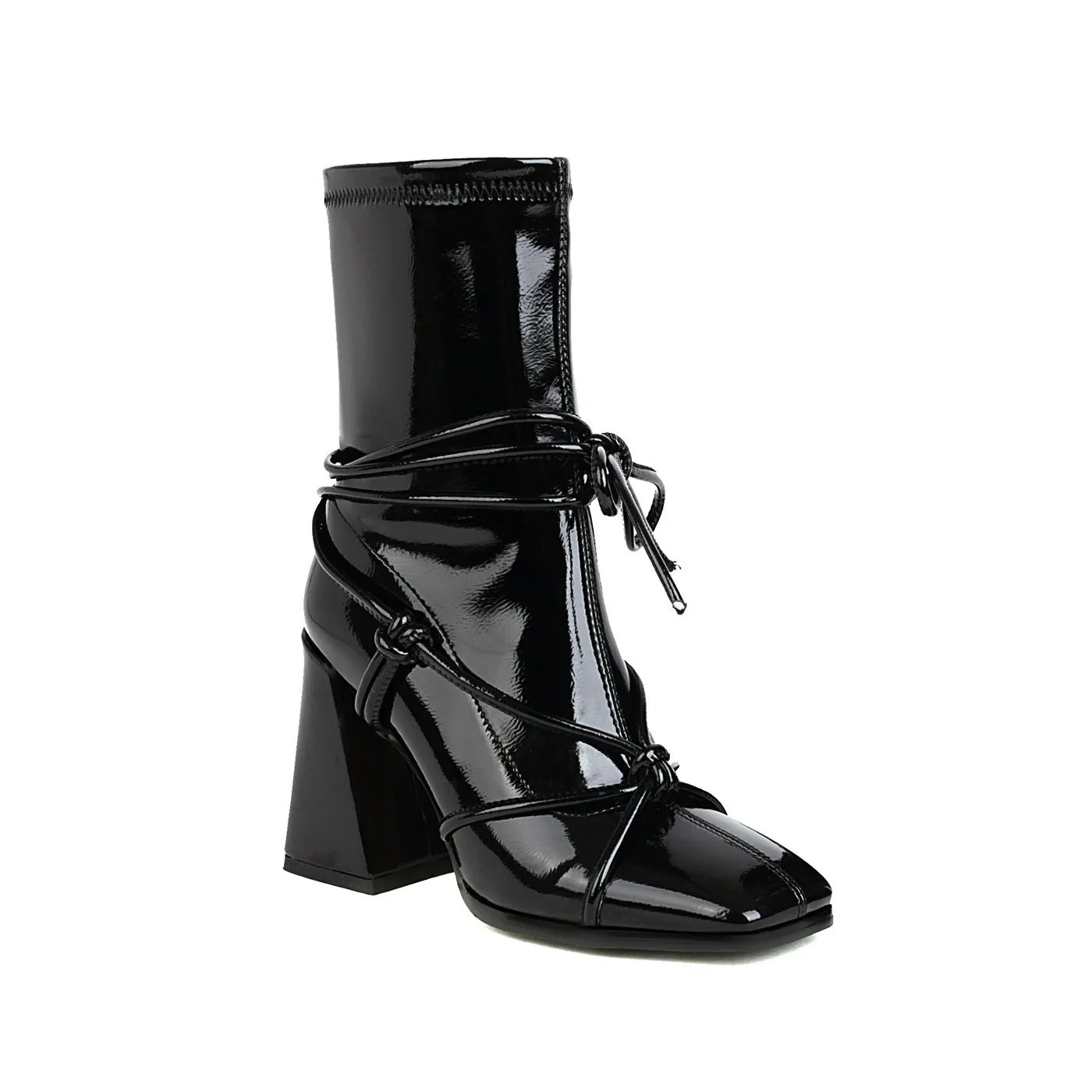 Lace Up Thick High Heel Square Head  Ankle Boots