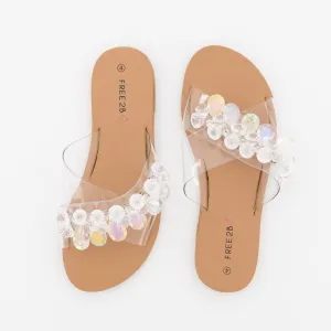 Ladies CrossOver Vinyl Clear Beaded Mule