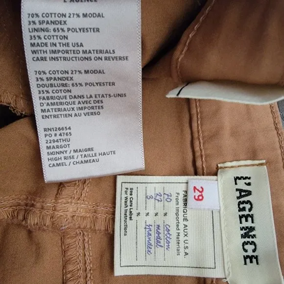 L'agence Margot High Rise Skinny Jenas Womens 29 Camel Cropped Retail $245