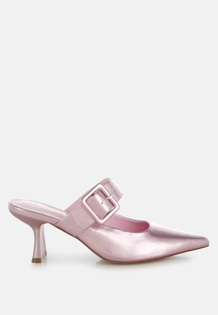 Large Buckle Kitten Heel Mules By RUW