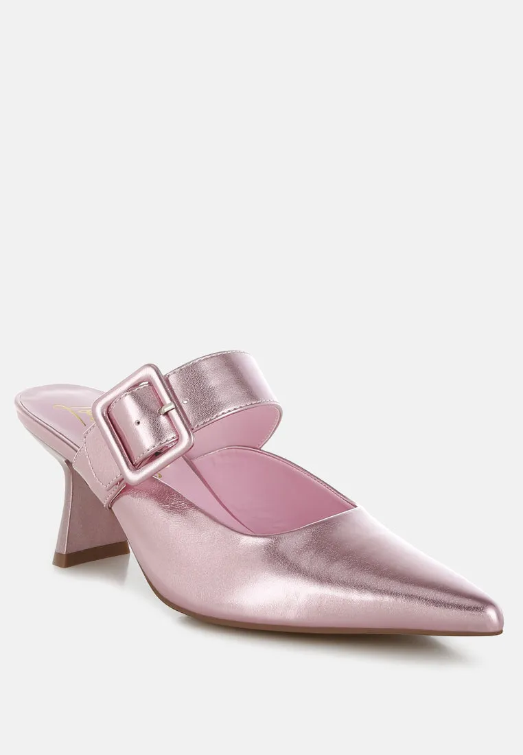 Large Buckle Kitten Heel Mules By RUW