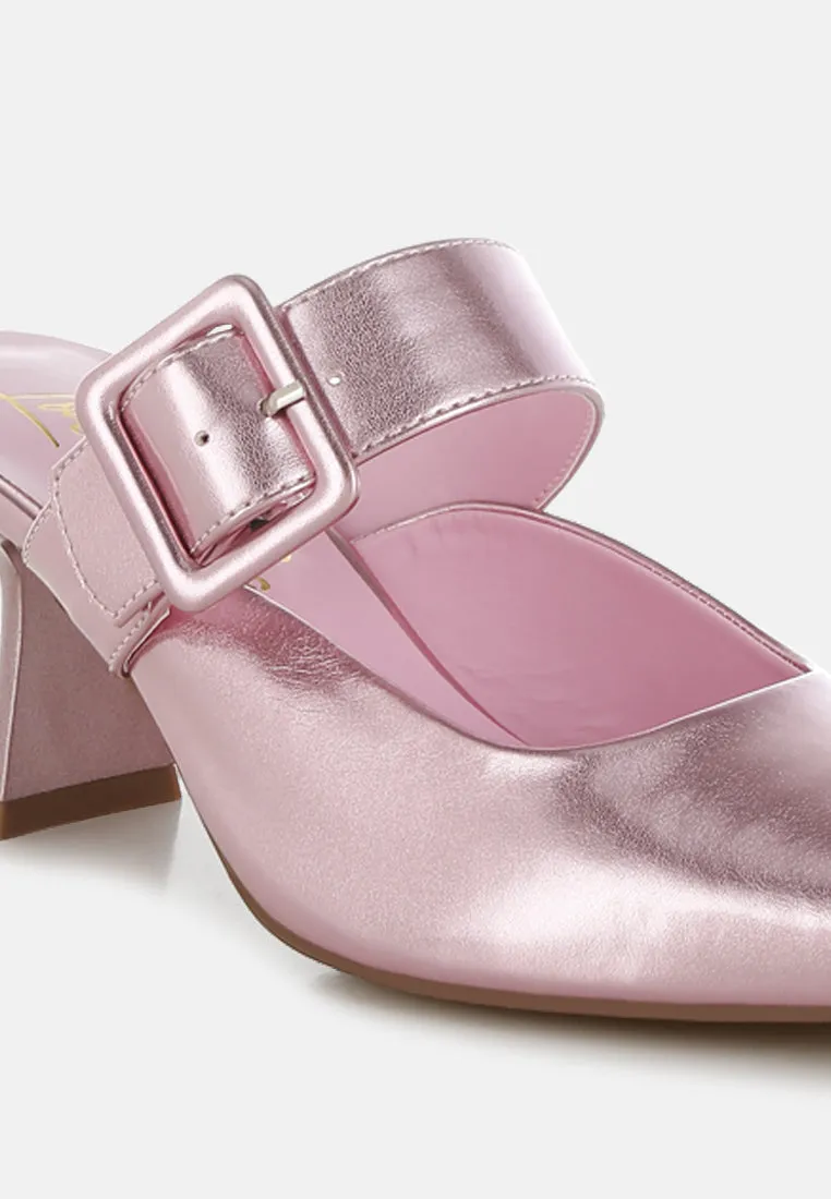 Large Buckle Kitten Heel Mules By RUW