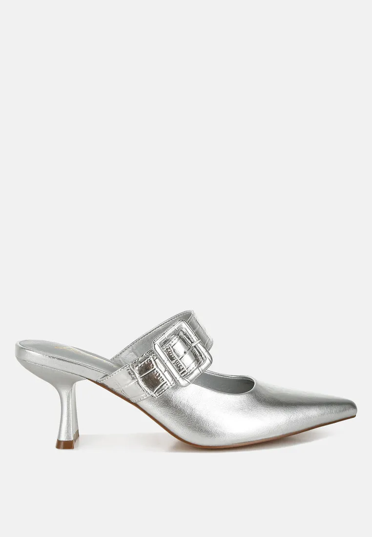 Large Buckle Kitten Heel Mules By RUW