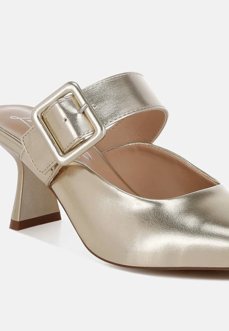 Large Buckle Kitten Heel Mules By RUW