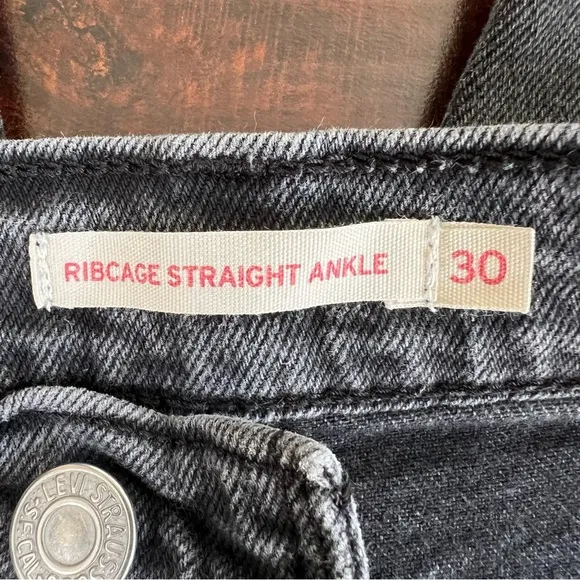 LEVI’S Denim Ribcage Straight Ankle Jeans Faded Black Wash High Rise Size 30