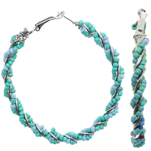 Light Blue Intertwined Beaded Hoop Earrings