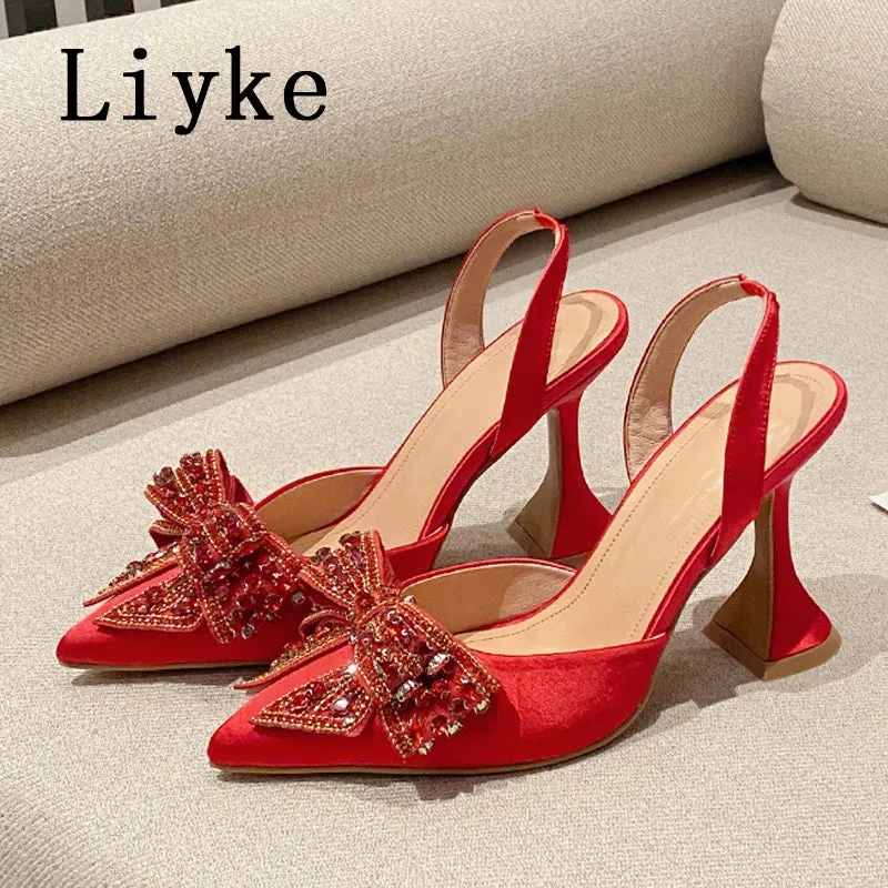 Liyke Spring Summer Fashion Rhinestone Bowknot Women Pumps Sexy Silk Pointed Toe Strange High Heels Party Prom Shoes Gold Silver