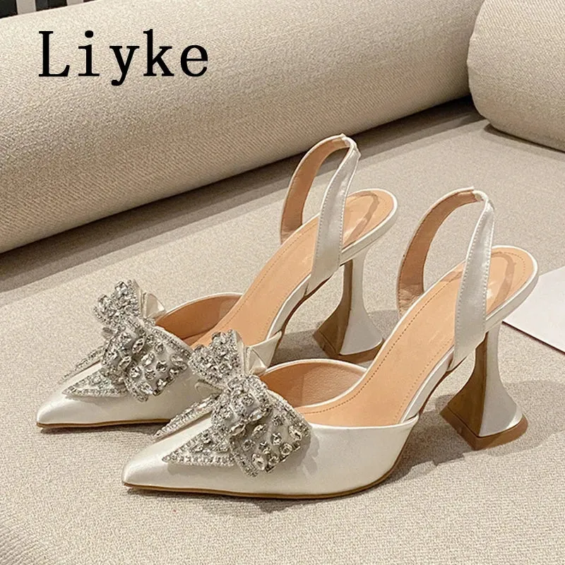 Liyke Spring Summer Fashion Rhinestone Bowknot Women Pumps Sexy Silk Pointed Toe Strange High Heels Party Prom Shoes Gold Silver