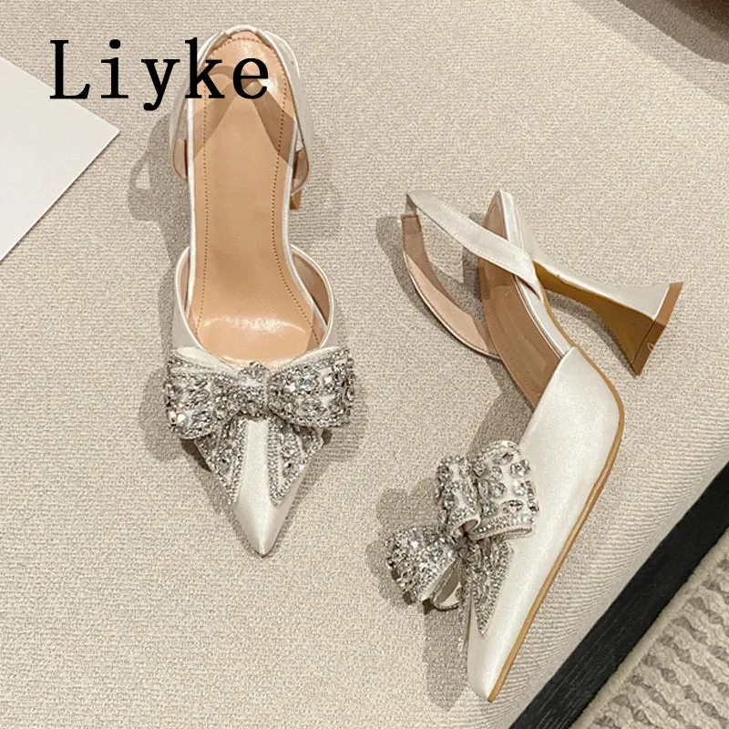 Liyke Spring Summer Fashion Rhinestone Bowknot Women Pumps Sexy Silk Pointed Toe Strange High Heels Party Prom Shoes Gold Silver