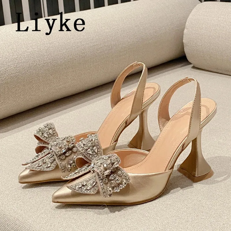 Liyke Spring Summer Fashion Rhinestone Bowknot Women Pumps Sexy Silk Pointed Toe Strange High Heels Party Prom Shoes Gold Silver