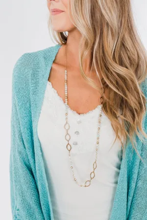 Long Beaded Gold Accent Necklace- Light Mint