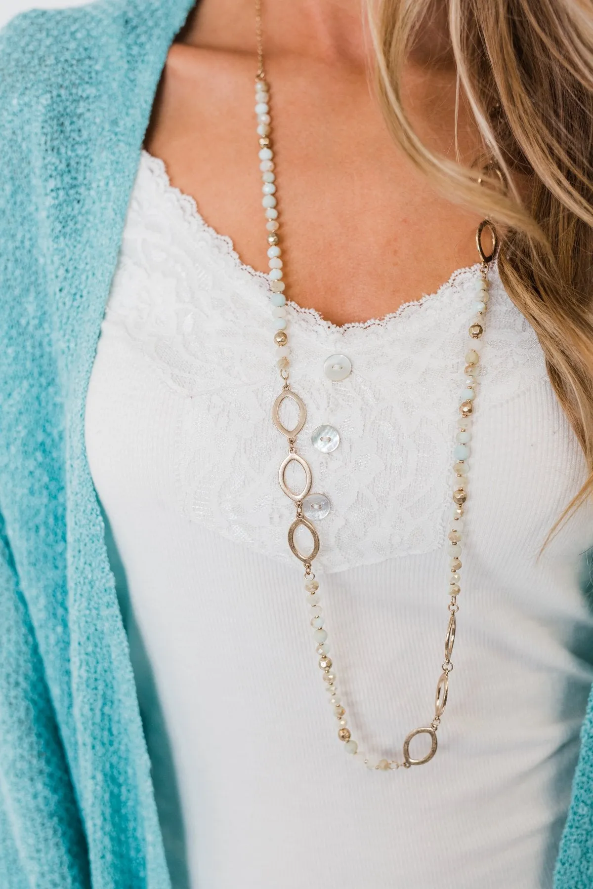 Long Beaded Gold Accent Necklace- Light Mint