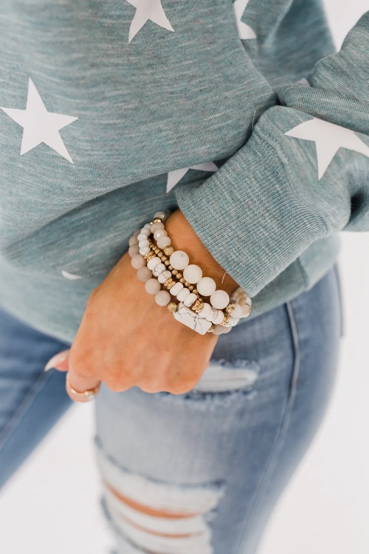 Marble Beaded Bracelet Set- Ivory & Gold