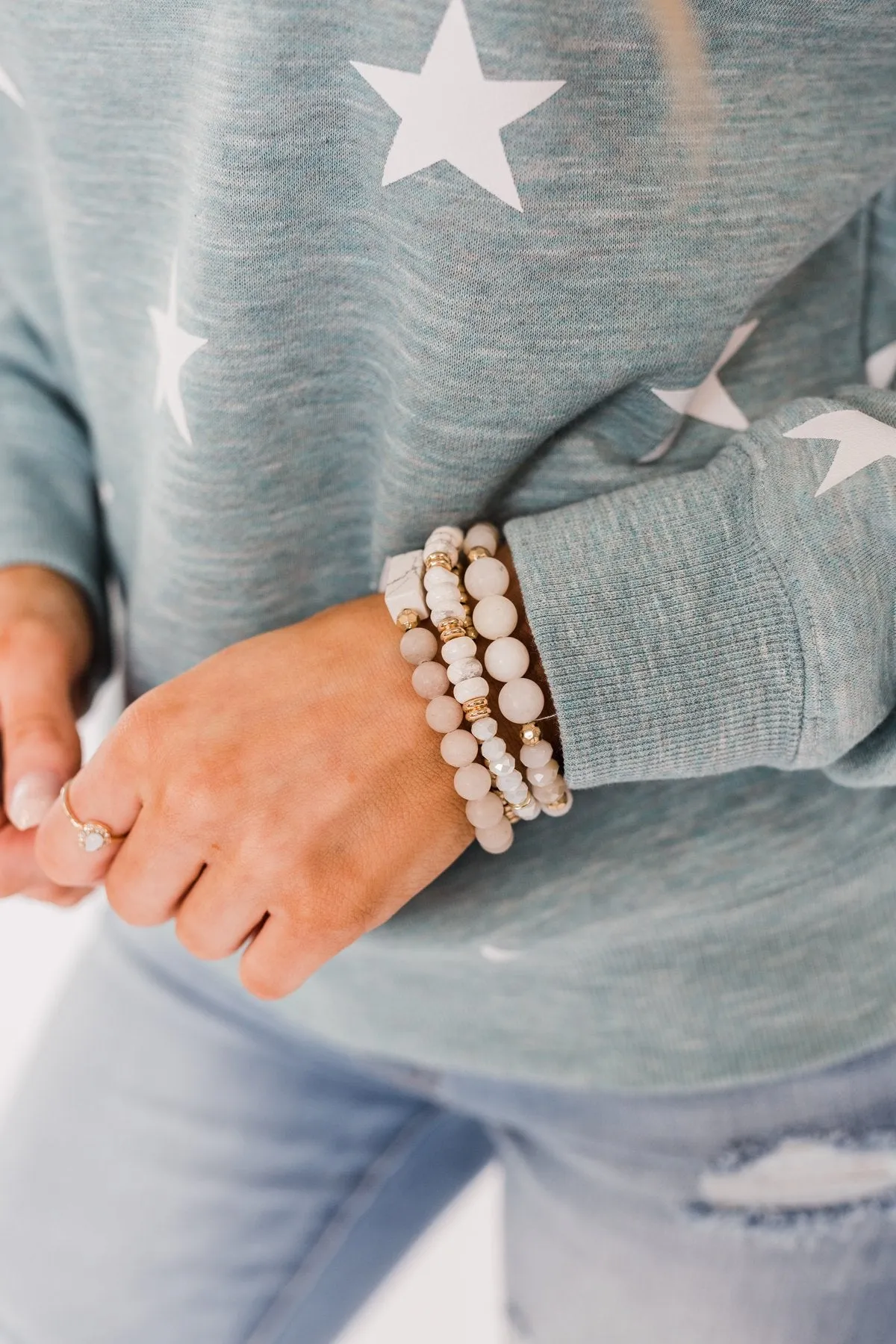 Marble Beaded Bracelet Set- Ivory & Gold