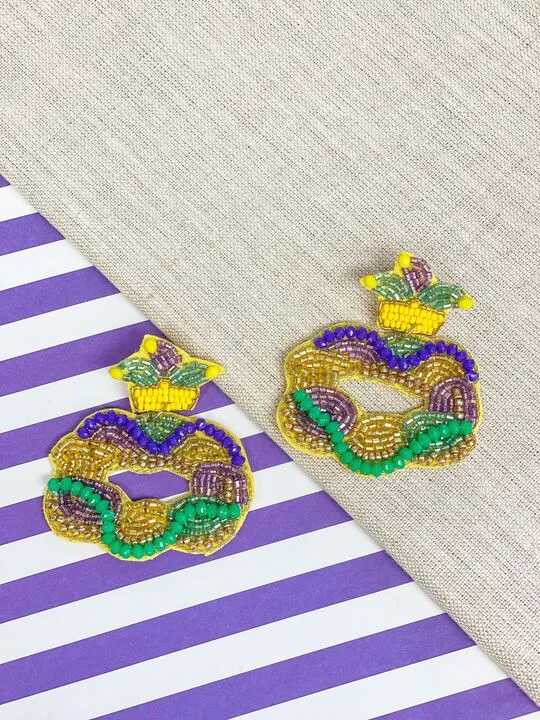Mardi Gras King Cake Beaded Dangle Earrings