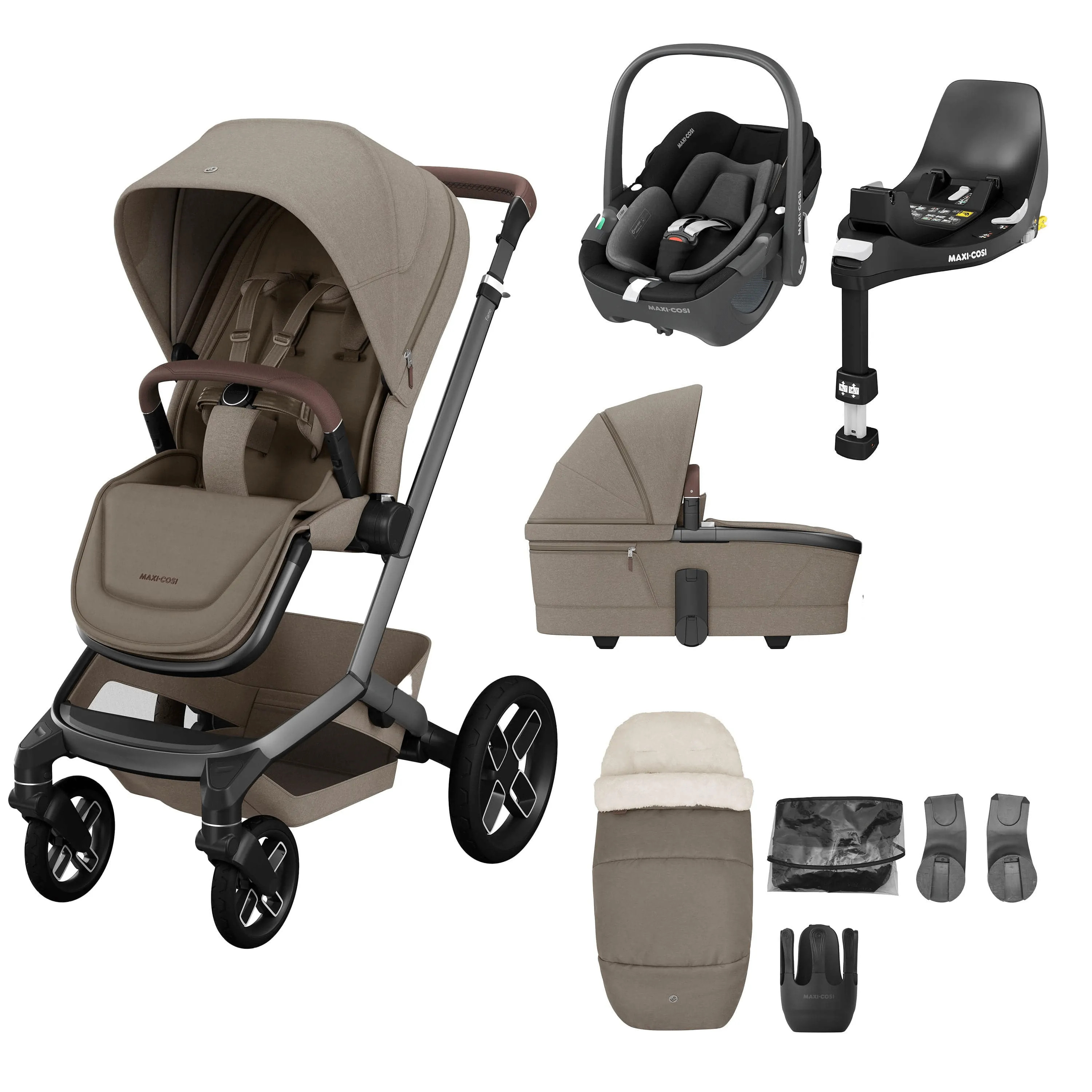 Maxi Cosi FAME 9 Piece Complete Bundle - Twillic Truffle (with Black Wheels)