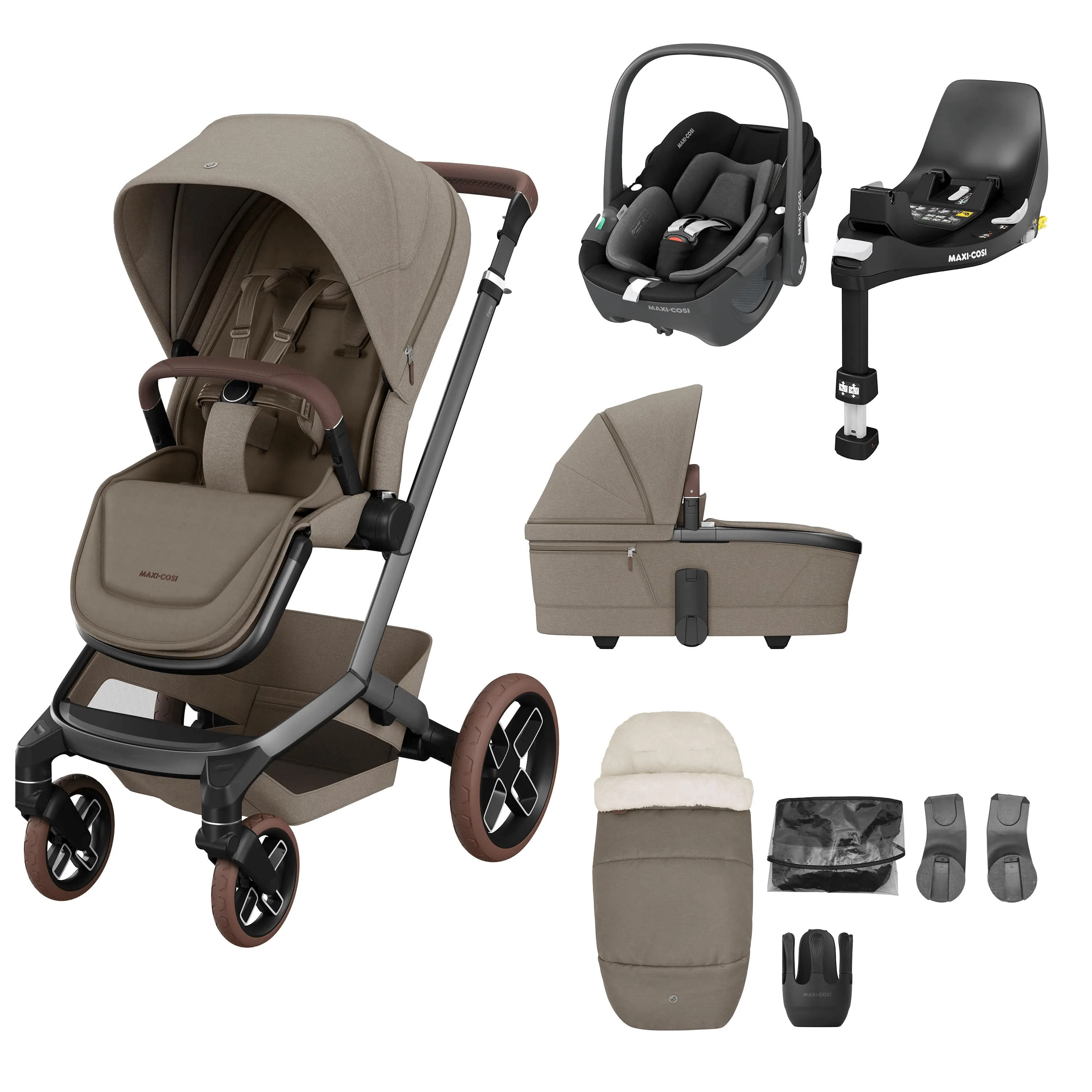 Maxi Cosi FAME 9 Piece Complete Bundle - Twillic Truffle (with Brown Wheels)