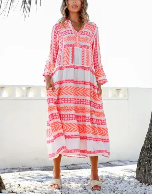Mediterranean Midi Dress - Pink/Orange