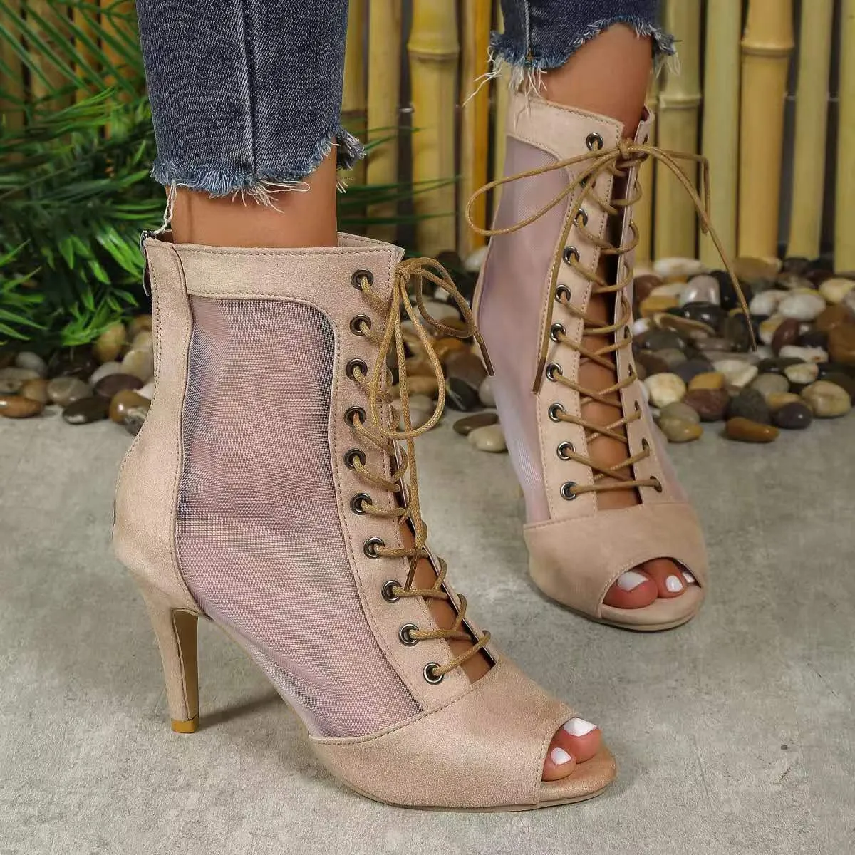 Mesh Lace Up Hollow Out Ankle Boots