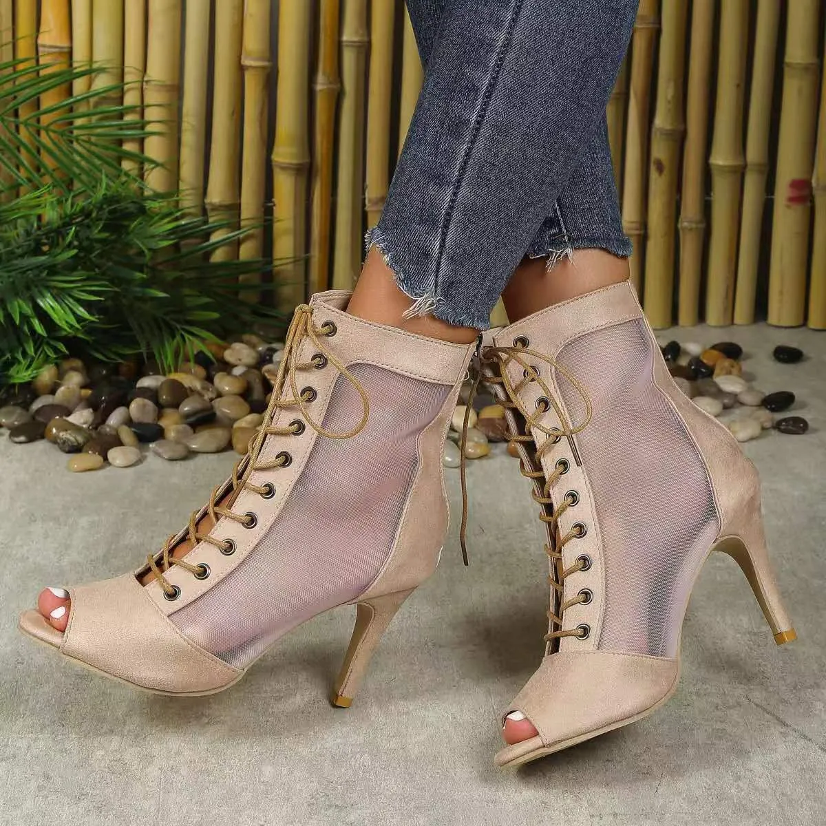 Mesh Lace Up Hollow Out Ankle Boots