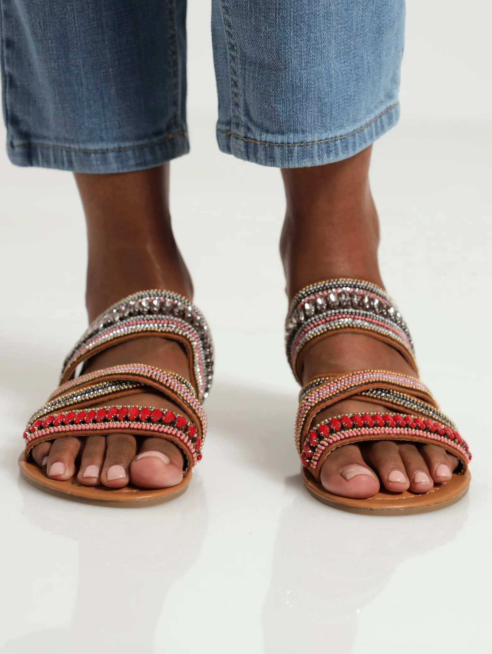 Multi-Colour Beaded Mule Flat Sandal - Tan