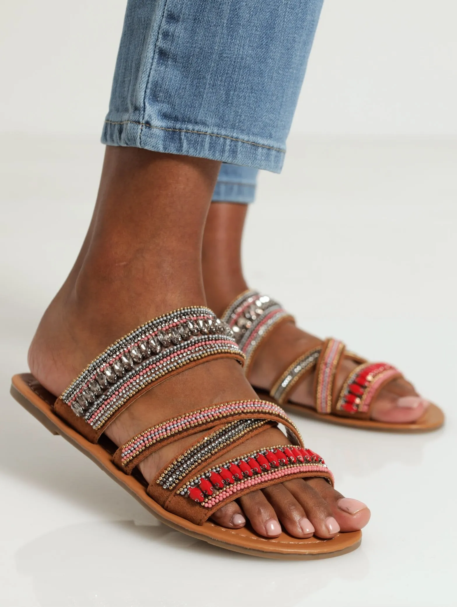 Multi-Colour Beaded Mule Flat Sandal - Tan
