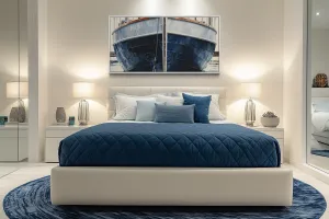 Navy Blue Rustic Boat Painting Nautical Framed Canvas Wall Art For Beach House
