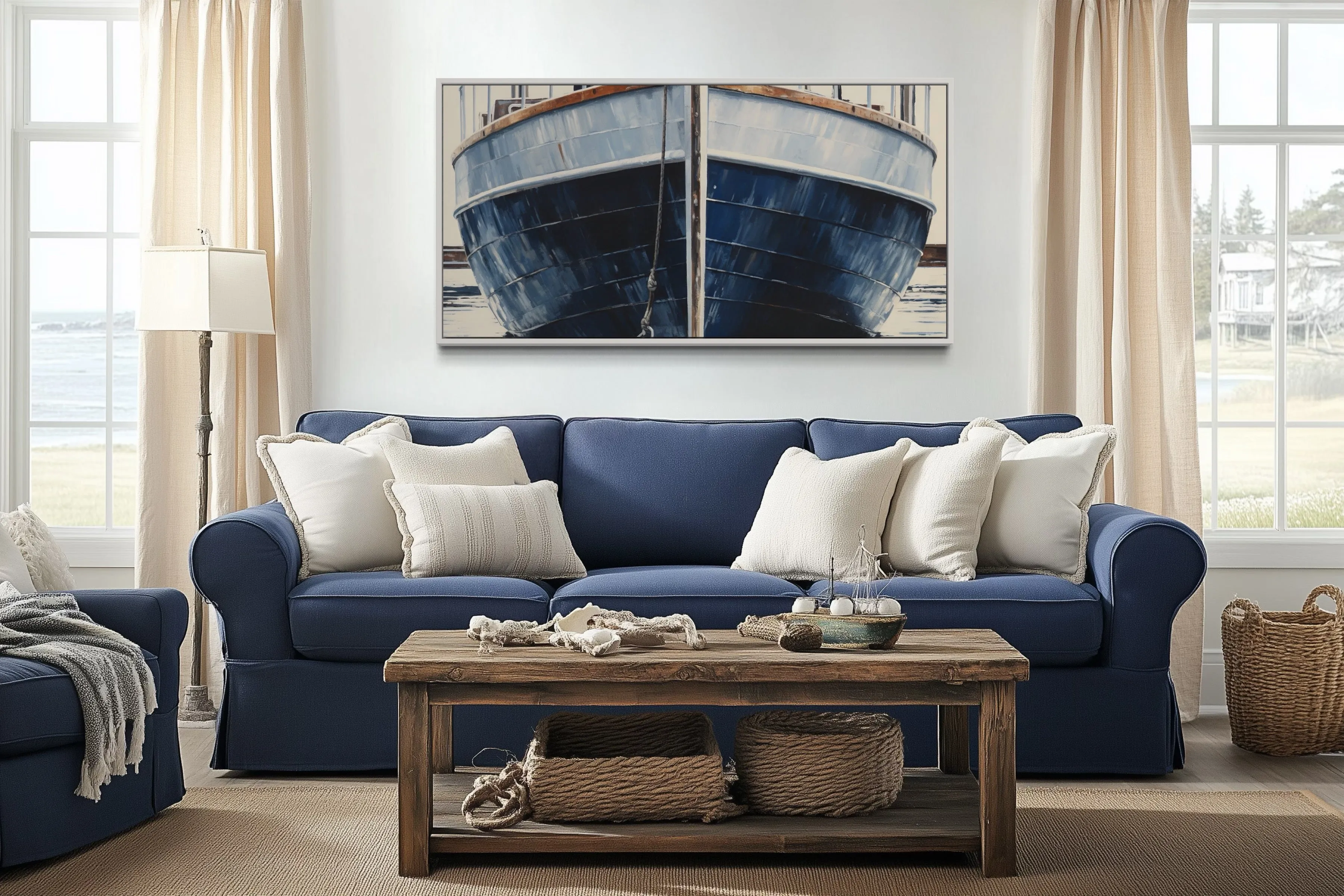Navy Blue Rustic Boat Painting Nautical Framed Canvas Wall Art For Beach House