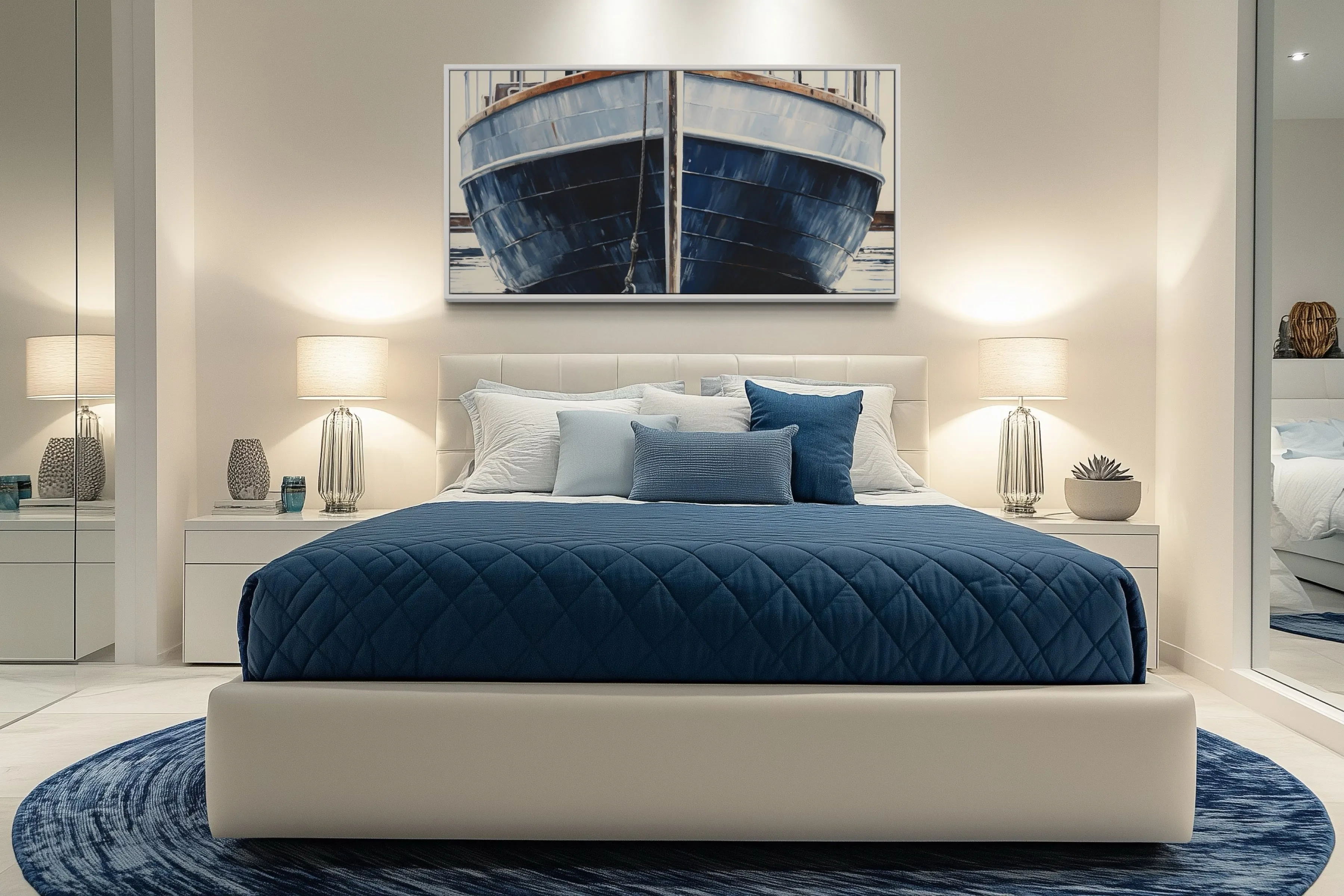 Navy Blue Rustic Boat Painting Nautical Framed Canvas Wall Art For Beach House