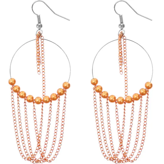 Orange Beaded Chain Hoops Earrings