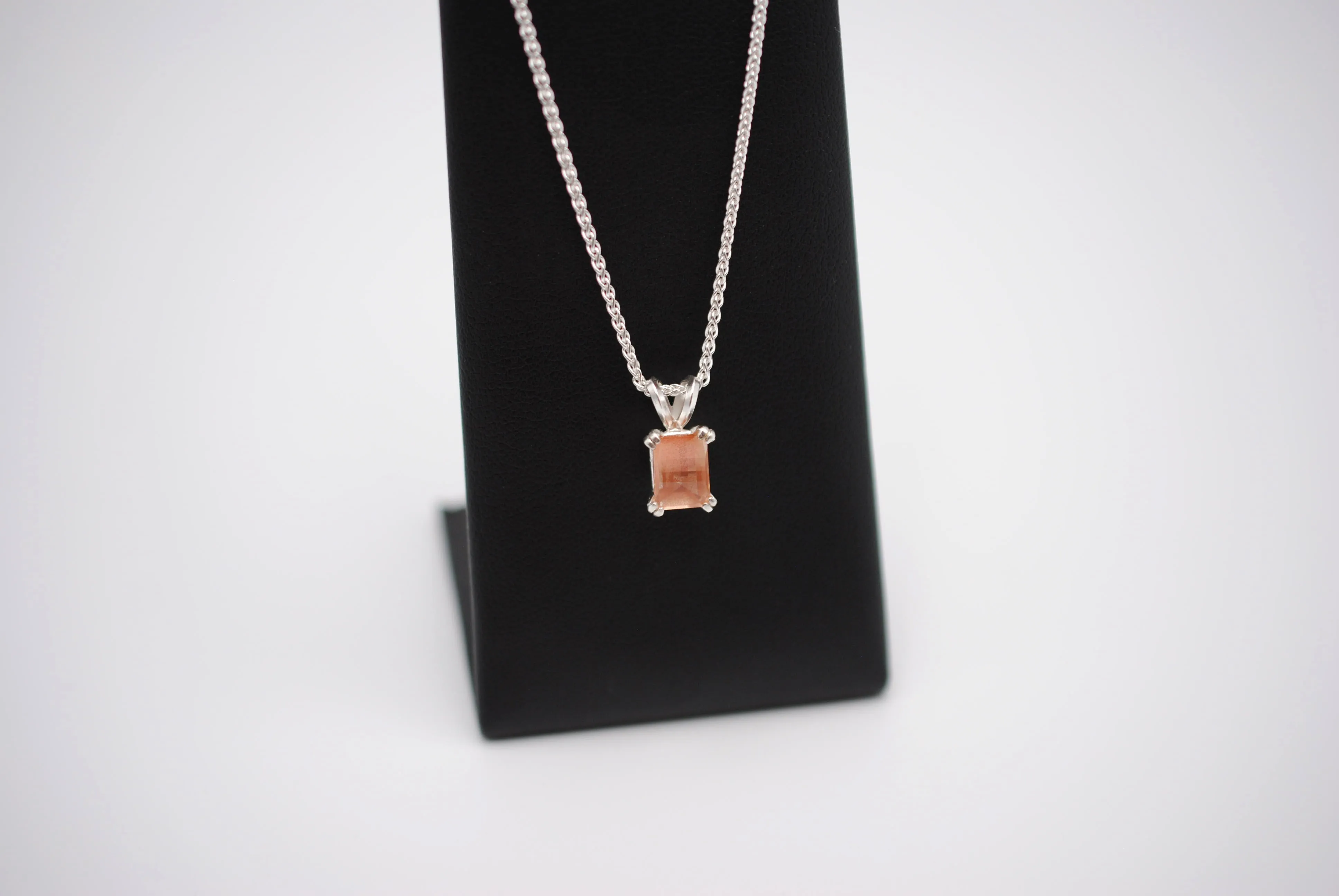 Oregon Sunstone Necklace: Barrel Cut, Silver Double Prong Setting, Adjustable Wheat Chain 1