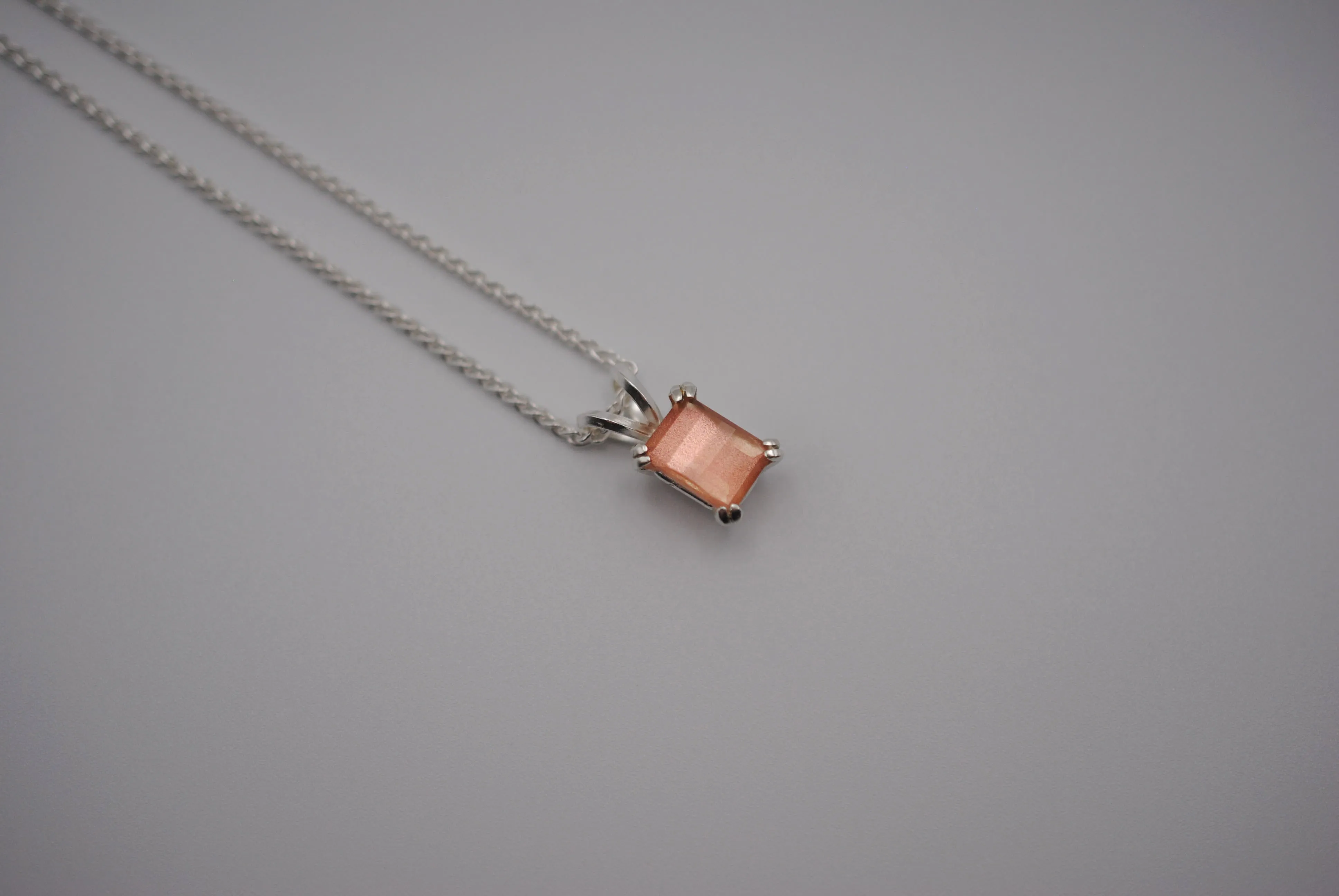 Oregon Sunstone Necklace: Barrel Cut, Silver Double Prong Setting, Adjustable Wheat Chain 1