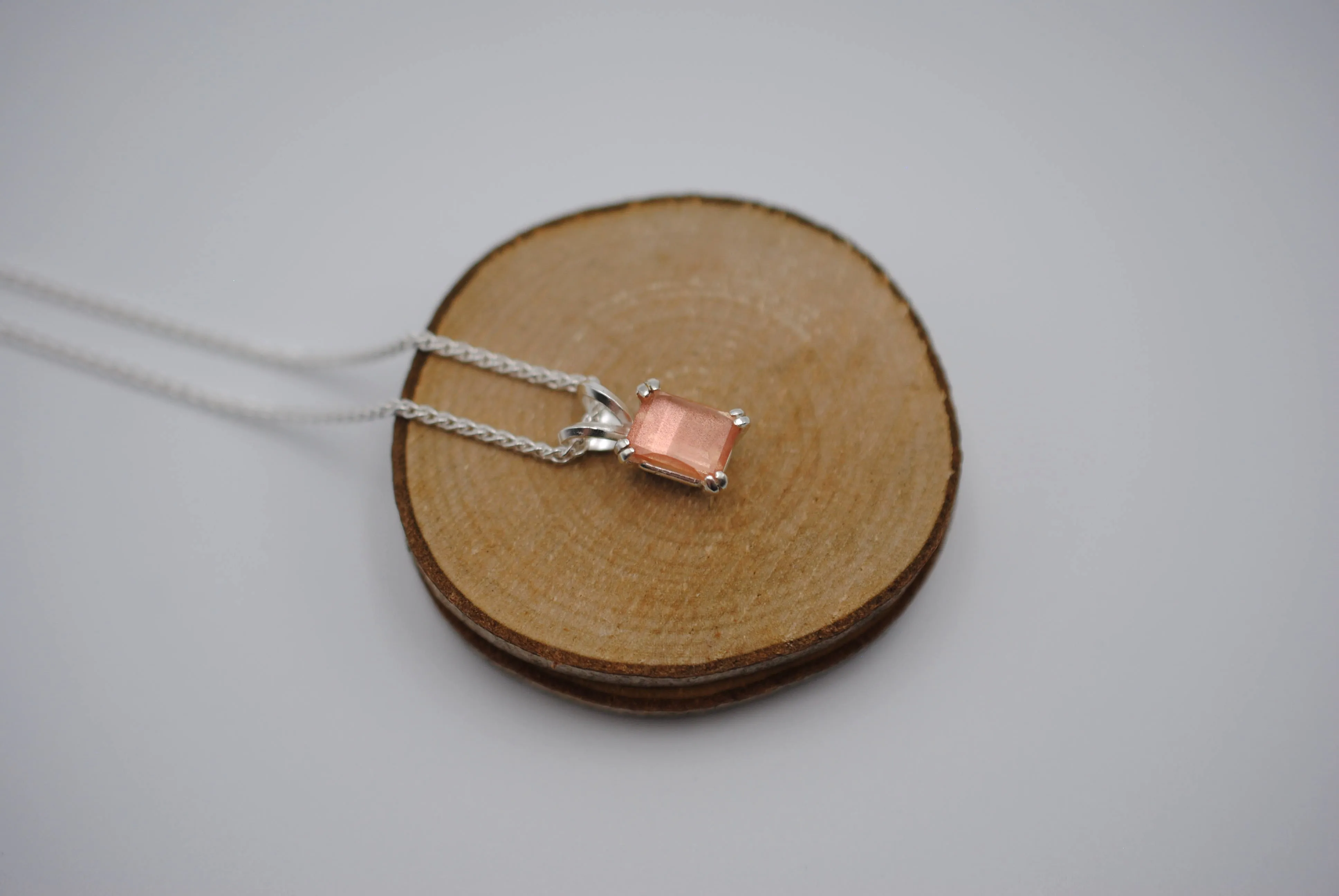 Oregon Sunstone Necklace: Barrel Cut, Silver Double Prong Setting, Adjustable Wheat Chain 1