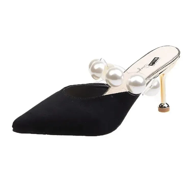 Pearl Black Sandals Women Summer Autumn Shoes Woman Thin Heels 2020 Womens Outdoor High Heels Woman mules