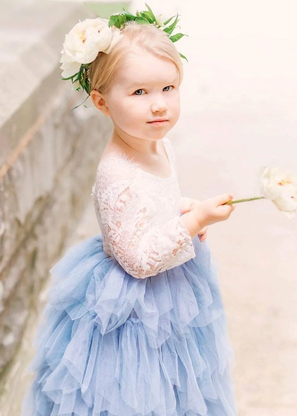 Peony Lace Flower Girl Dress in Bluish Gray (tiered)
