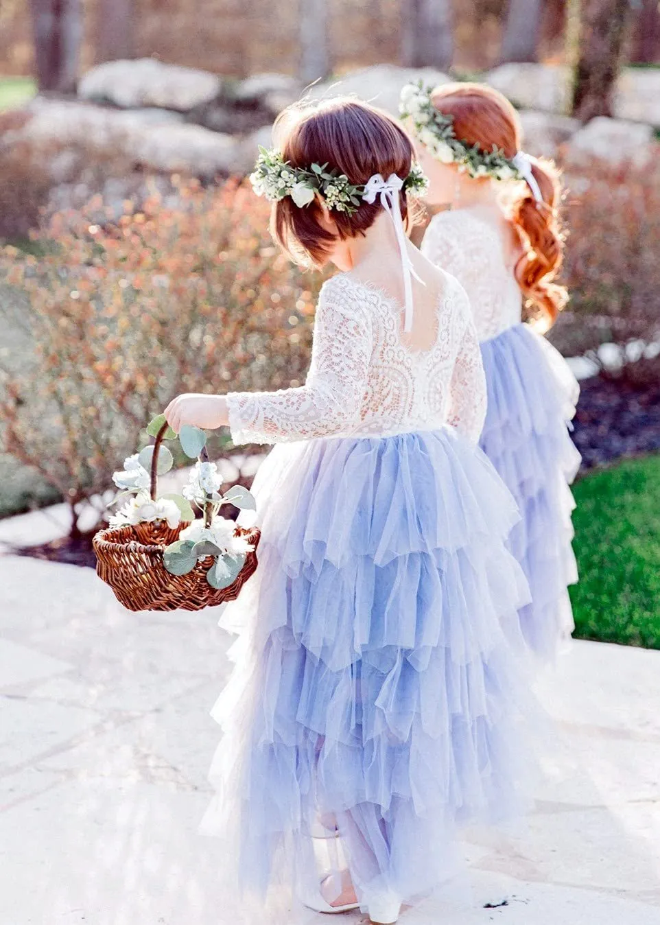 Peony Lace Flower Girl Dress in Bluish Gray (tiered)