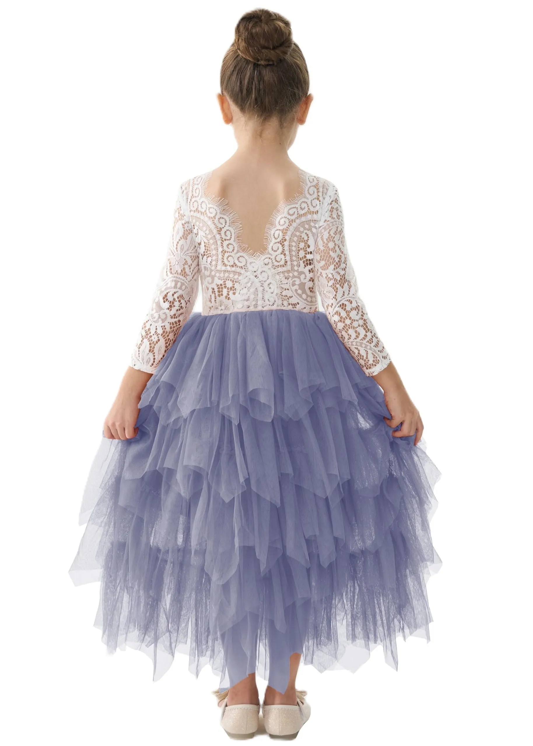Peony Lace Flower Girl Dress in Bluish Gray (tiered)
