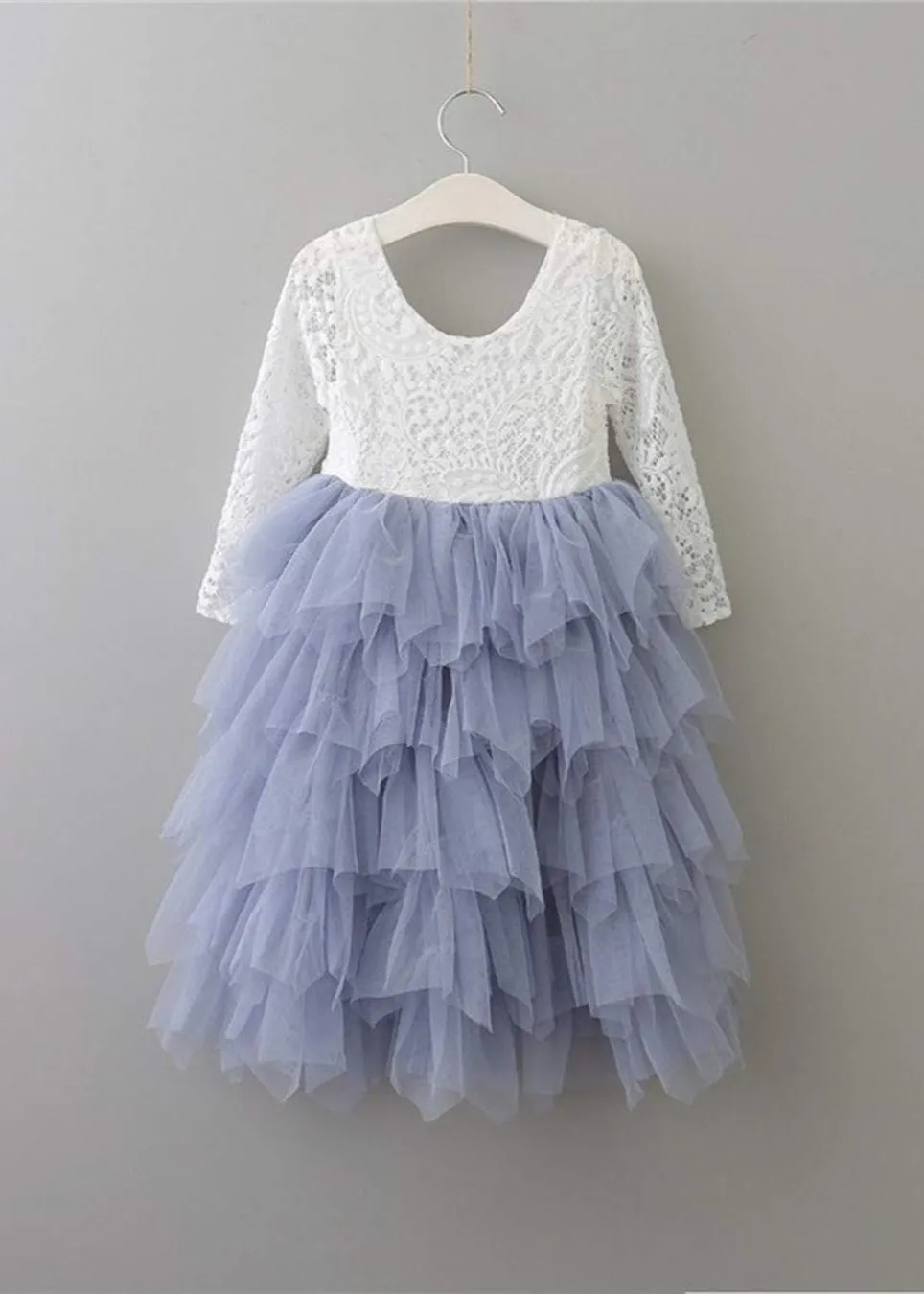 Peony Lace Flower Girl Dress in Bluish Gray (tiered)