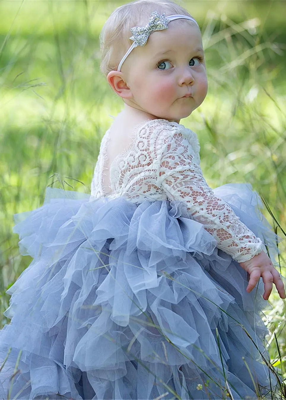 Peony Lace Flower Girl Dress in Bluish Gray (tiered)