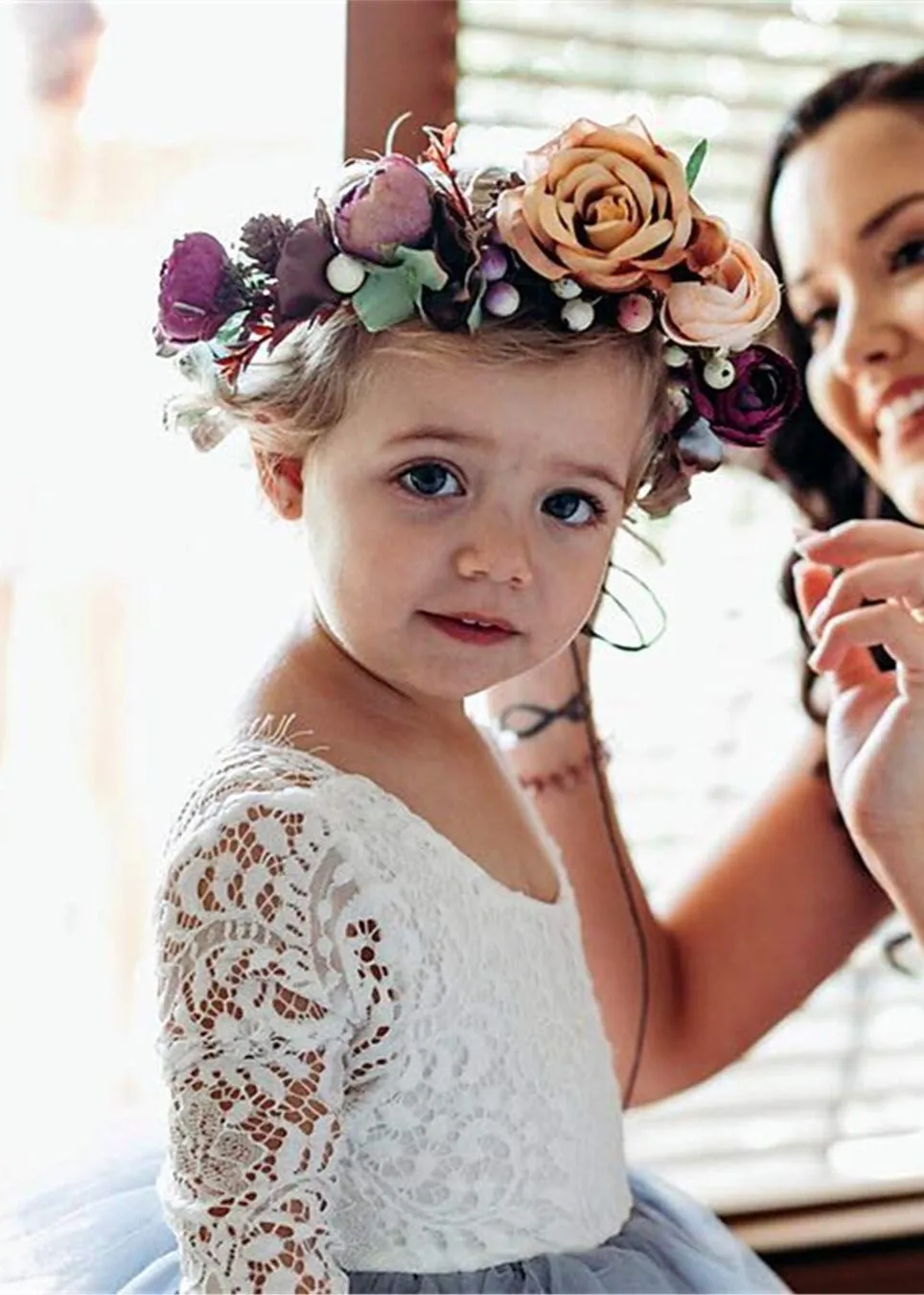 Peony Lace Flower Girl Dress in Bluish Gray (tiered)