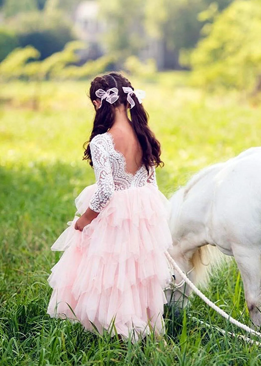 Peony Lace Flower Girl Dress in Pink (tiered)