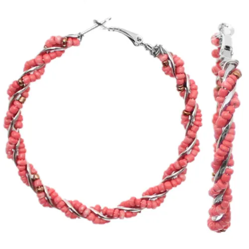 Pink Intertwined Beaded Hoop Earrings