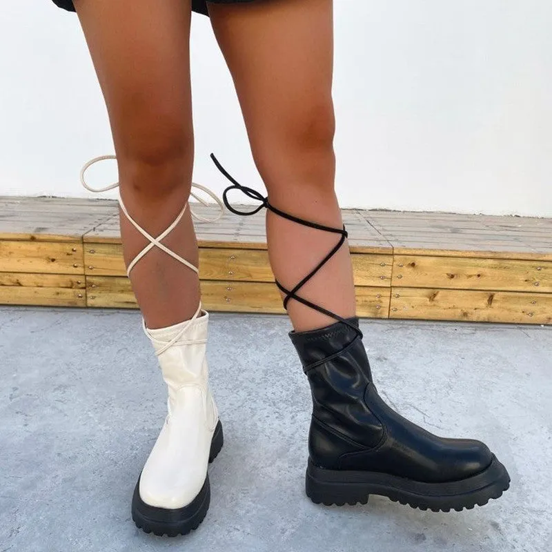 Platform Lace-up Middle Ankle Boots
