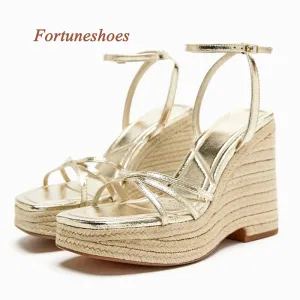 Platform Square Toe Wedges Heel Sandals Summer 2024 Newest Fashion Casual Shoes One Word Belt Buckle Gold Solid Women Sandals