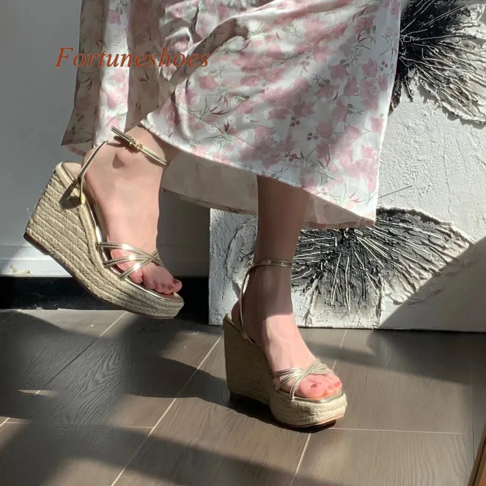 Platform Square Toe Wedges Heel Sandals Summer 2024 Newest Fashion Casual Shoes One Word Belt Buckle Gold Solid Women Sandals