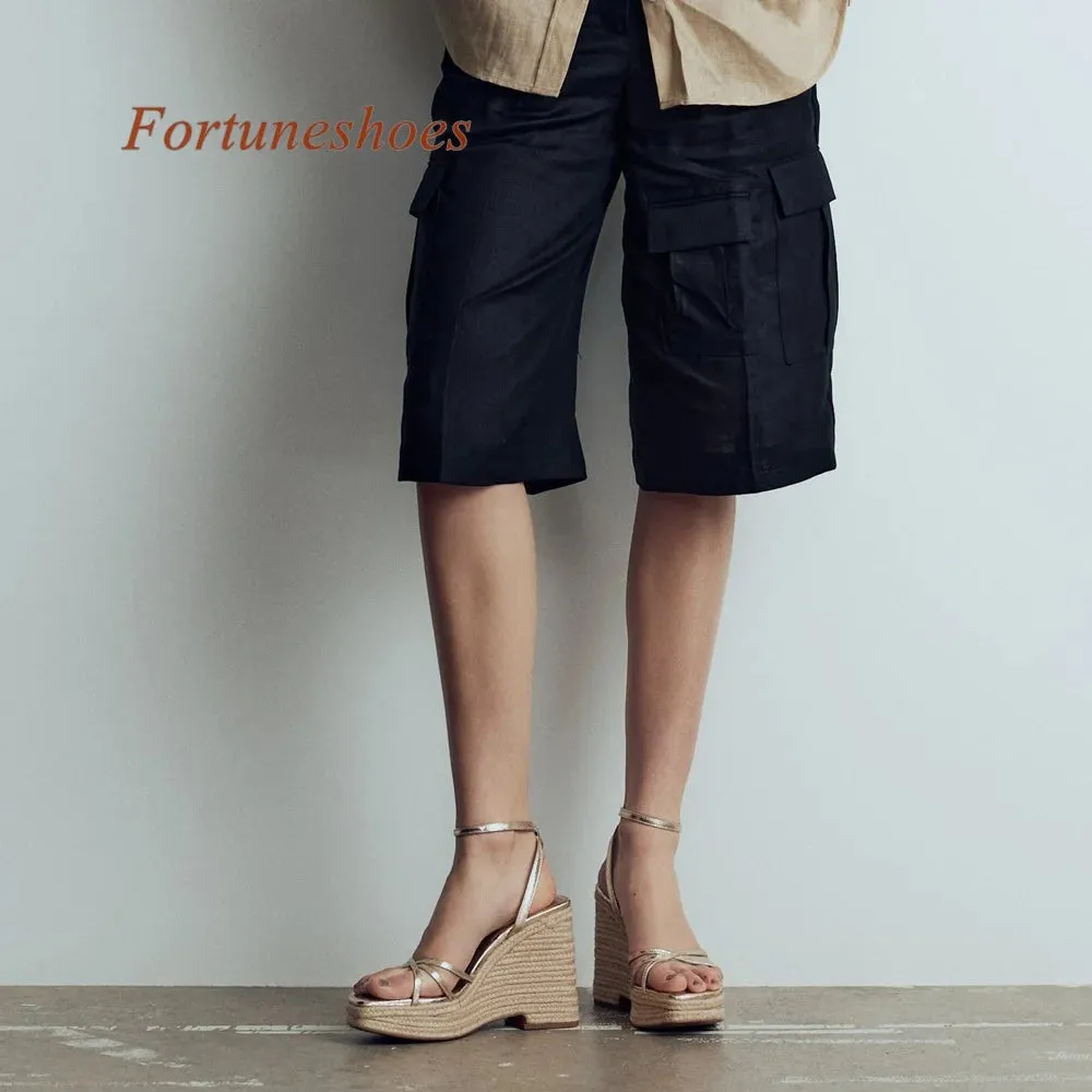 Platform Square Toe Wedges Heel Sandals Summer 2024 Newest Fashion Casual Shoes One Word Belt Buckle Gold Solid Women Sandals