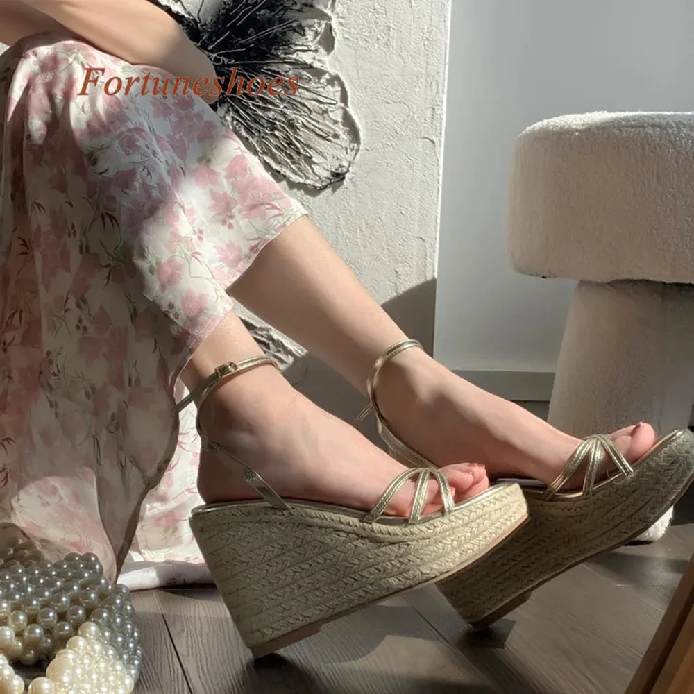 Platform Square Toe Wedges Heel Sandals Summer 2024 Newest Fashion Casual Shoes One Word Belt Buckle Gold Solid Women Sandals